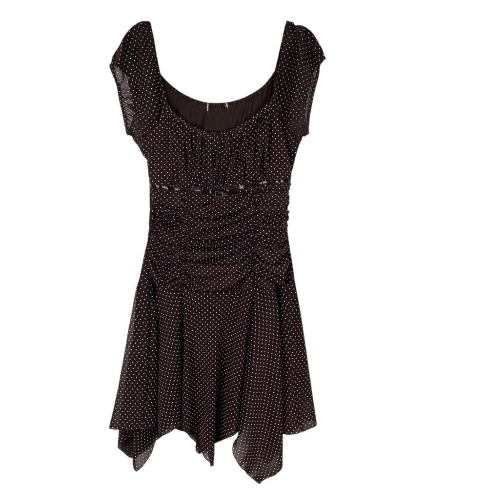 90's Y2K Babydoll Polka Dot Academia Preppy Asymmetrical Dress Brown Sz ?